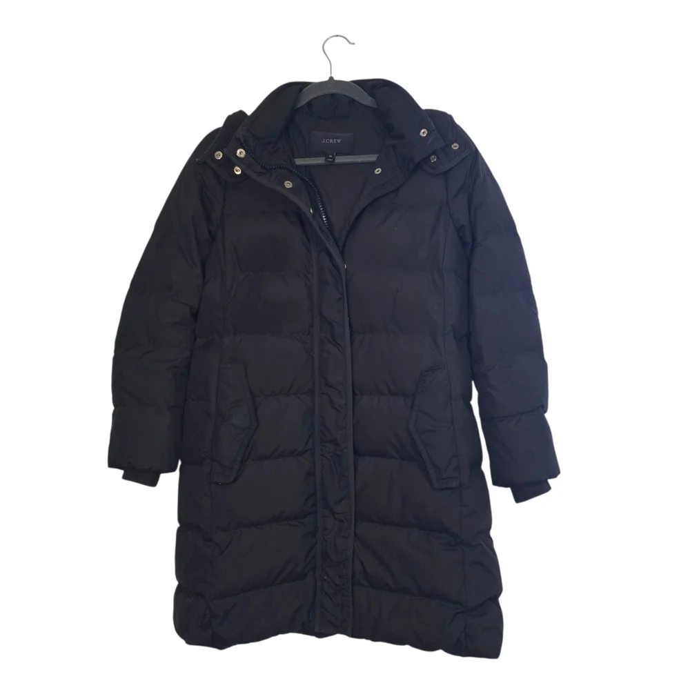 J. Crew Hooded Puffer Coat in black Down Waterfowl Feathers Winter Outdoor